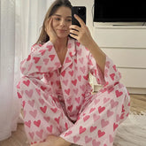 Pembe Kalp Baskılı Saten Pijama Takımı Zalle